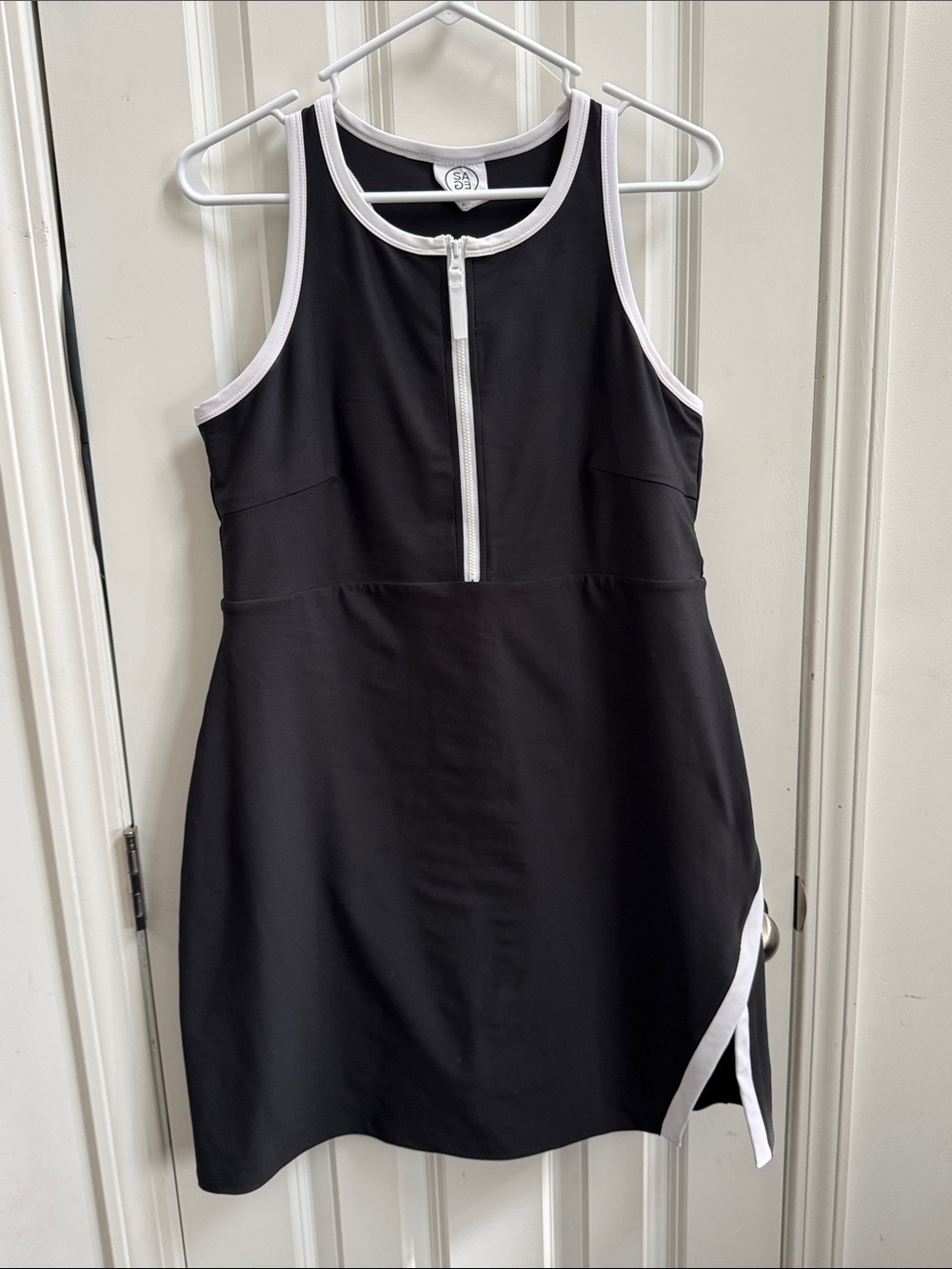 Black Sleeveless Mini Dress w/ White Trim Front Zip, Shorts w/ Side Pocket Under
